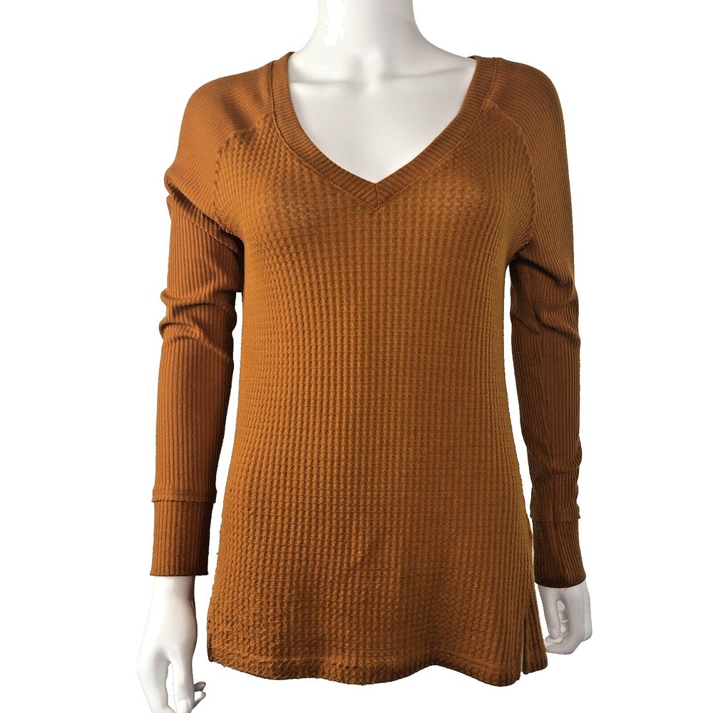 Maeve Anthropologie Top Small Waffle Knit Thermal Burnt Orange Boho Cabincore